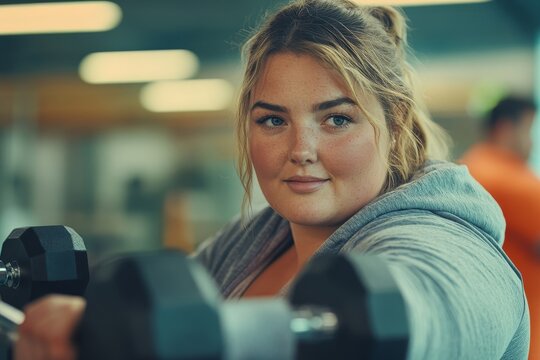 Overweight woman exercising in a gym, using dumbbells under the guidance of a personal trainer, focusing on physical fitness and health improvement, Generative AI - Powered by Adobe