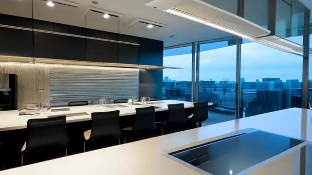 Spacious and Well-Lit Office Break Room with Modern Kitchen Amenities
