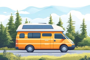 Illustration of a camper van with solar panels on the roof, showcasing eco-friendly travel and energy solutions created with advanced technology, Generative AI