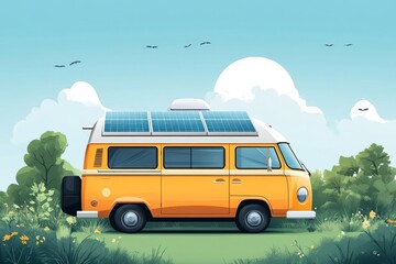 Illustration of a camper van with solar panels on the roof, showcasing eco-friendly travel and energy solutions created with advanced technology, Generative AI