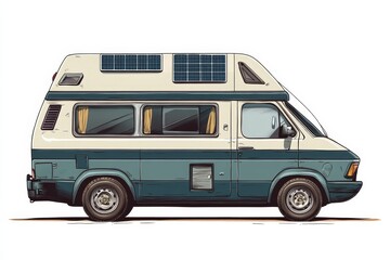 Illustration of a camper van with solar panels on the roof, showcasing eco-friendly travel and energy solutions created with advanced technology, Generative AI