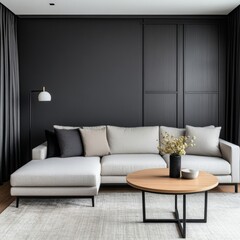 Elegant Living Room Light Sofa, Dark Walls and Round Table, Interior ,Home decor