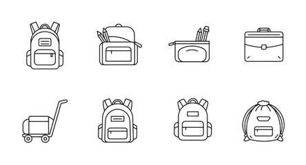 Vector outline illustrations of backpacks pencil cases and briefcases for school and education