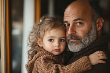 Mature father and his small daughter standing indoors at home, sharing a tender moment of love and connection, holding and hugging each other, Generative AI