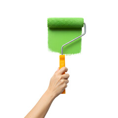Hand Painting with Green Roller Brush, Isolated on White or Transparent Background