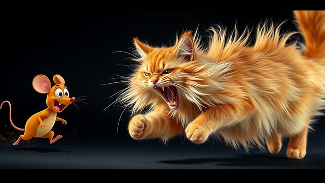 Fluffy orange cat chasing a cartoon mouse chase