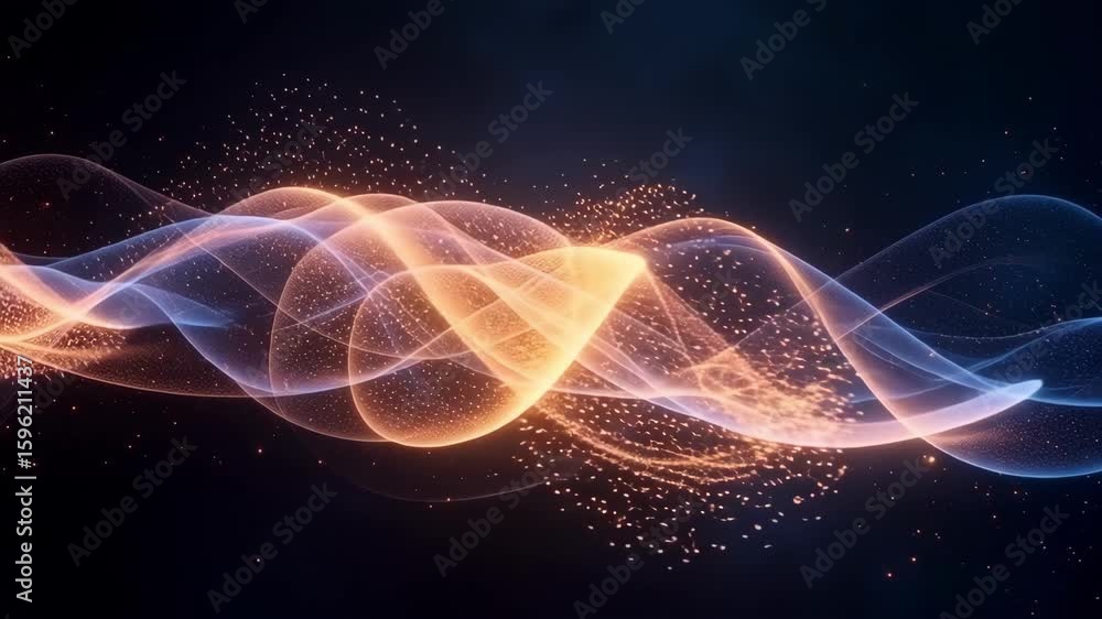 Poster visualize fractal wave light patterns with glowing blue lines and digital smoke art