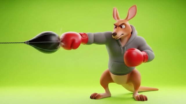 A muscular cartoon kangaroo in a hoodie and boxing gloves punches a speed bag against a green background.