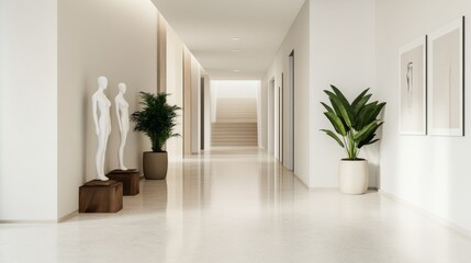Fototapeta premium Minimalist Hallway with Mannequins and Plants, Modern Decor , Interior Design