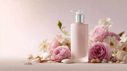 Gentle Touch: A luxurious cosmetic bottle sits amidst an elegant arrangement of roses, conveying the essence of serene self-care and beauty.