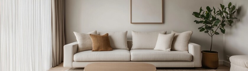 Minimalist Living Room Beige Sofa, Decorative Pillows and Indoor Plant,Home decor, interior design