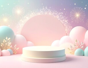 Pastel Podium with Fireworks and Spheres for Product Display, Soft Colors