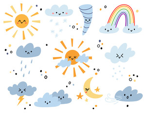 Cute weather set for kids. Learning weather, forecast vocabulary for children with funny sun, rainbow, cloud character. Cloudy, sunny, windy, rainy, snowy, stormy.