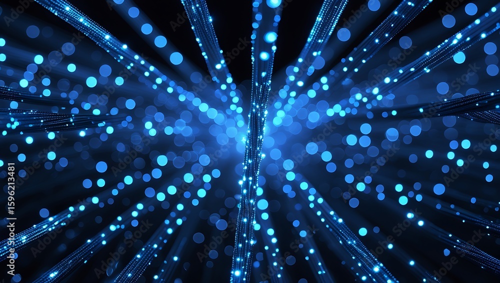 Poster abstract blue glowing fiber optics with bokeh lights creating a sense of digital connection