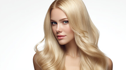 Naklejka premium Beauty with blonde hair: The image features a fair-skinned woman with flowing blonde hair, showcasing the art of hairstyling and the allure of beauty.