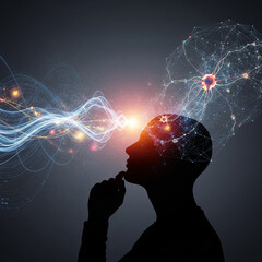 Human silhouette contemplating, generating intricate neuron networks and digital data streams for future innovation.