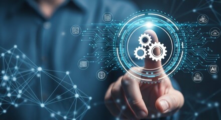 A man is touching a digital screen with gears, representing automation and digital transformation