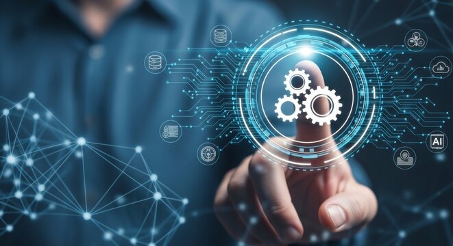 A man is touching a digital screen with gears, representing automation and digital transformation
