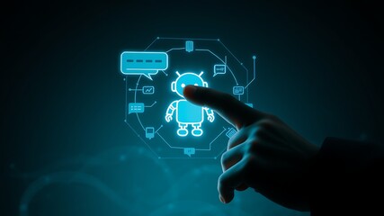 Human finger interacting with glowing robot interface technology artificial