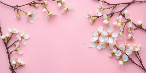 Fototapeta premium Delicate white and pink blossoms arranged on a pastel pink backdrop Minimal flat lay, floraldesign, image