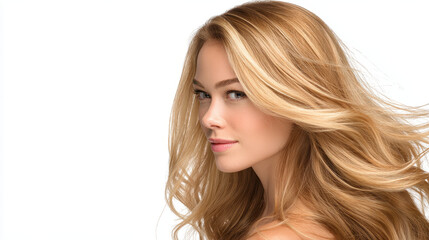 Obraz premium Radiant Beauty: A beautiful young woman with flowing, sun-kissed hair. Her natural beauty shines as she is captured with an enigmatic look, soft glow, embodying grace and allure.