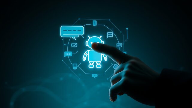 Human finger interacting with glowing robot interface technology artificial