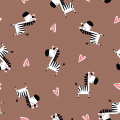 Cute cartoon zebra childish seamless pattern. Vector illustration for textile, cover, wrapping paper, t-shirt, printing, packaging, fabric, postcard, clothing and others