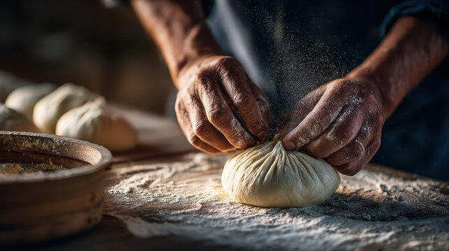 Artisan Hand Shaping Dough: Intimate shot of an artisan's hands expertly shaping dough for bread. Dusting of flour creating a rustic, tactile experience, embodying the essence of craft.