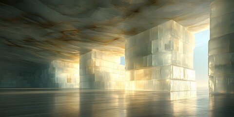 Interior view of a structure with block pillars and light streaming through the openings in the structure