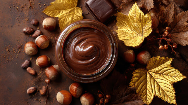 Chocolate Hazelnut Delight: A mouthwatering close-up reveals a swirl of rich chocolate hazelnut spread nestled amidst scattered hazelnuts, cocoa beans, and decadent chocolate.