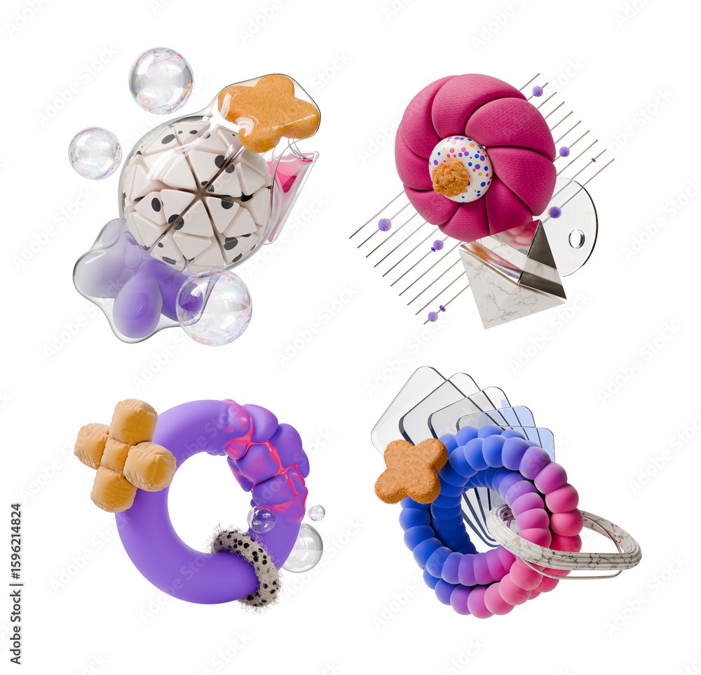 Poster 3d realistic detailed abstract geometric composition with flying shape different ring rendered illus