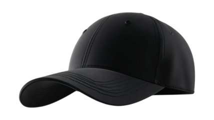 Sleek Black Baseball Cap in Simple Style isolated On Transparent Png Background.