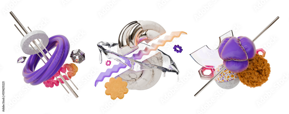 Poster 3d realistic detailed abstract geometric composition with flying trendy figure set rendered illustra