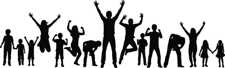 Diverse people jumping silhouette, joyful celebration, children and adults group, unity and happiness pose, black and white artwork, fun moment
