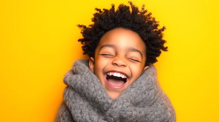 Joyful young Black boy stretching and yawning with a beaming smile against a bright yellow background on a cheerful morning
