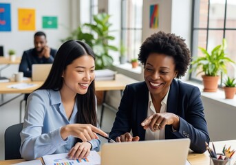 Diverse Female Colleagues Collaborating and Smiling in Modern Office