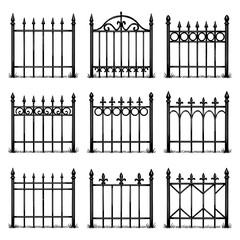Decorative wrought iron fence and gate designs in vintage style, Transparent Background