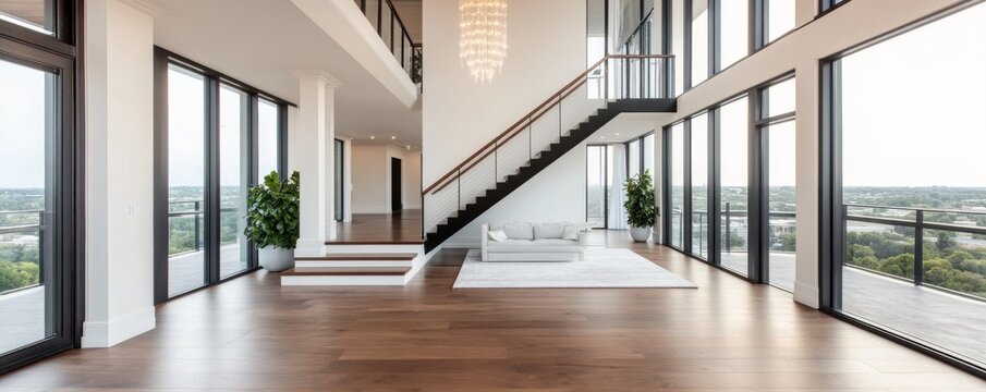 Modern Penthouse Interior Staircase, Large Windows and City Views, Luxury Home, Real Estate