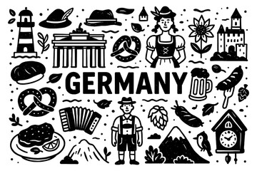 German culture and Oktoberfest themed elements in vintage engraving style, Transparent Background