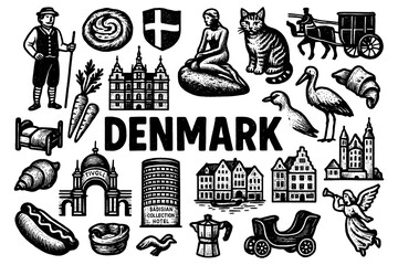 Danish culture icons with Little Mermaid, Viking ship, pastries, windmill, and landmarks in vintage hand-drawn engraving style, Transparent Background