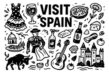 Obraz premium Spanish cultural icons with food, dance, and landmarks in vintage engraving style, Transparent Background