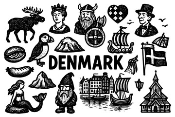 Denmark culture icons with Nordic landmarks, food, and symbols in engraving style, Transparent Background