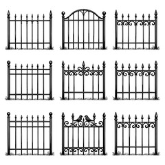 Decorative wrought iron fence silhouettes with classic and modern styles, Transparent Background
