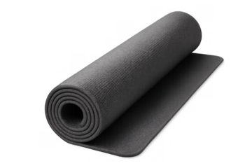 Close-up of a gray yoga mat partially rolled, isolated on a transparent background, ready for exercise