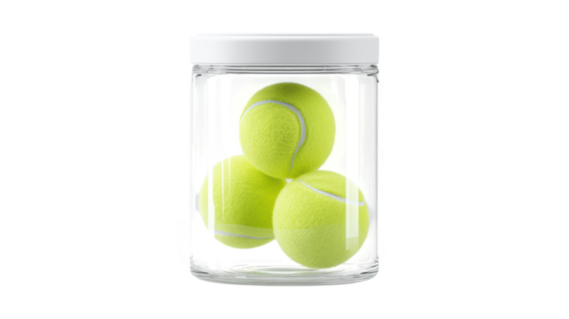 Three Yellow Tennis Balls in a Glass Jar isolated On Transparent Png Background.