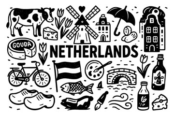 Netherlands culture icons with windmills, food, and traditions in sketch style, Transparent Background