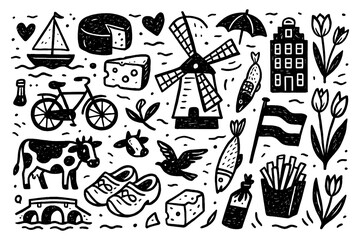 Netherlands culture icons with windmills, food, and traditions in sketch style, Transparent Background