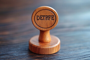 Wooden stamp with DETRFE engraved on it sits on a dark wooden surface