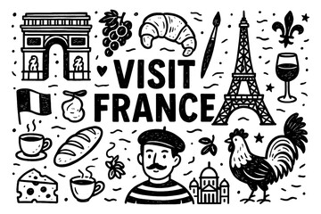 French culture icons with food, fashion, and landmarks in ink style, Transparent Background © FriskySloths