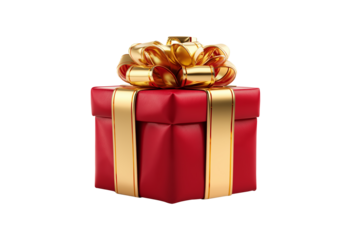 Vertical red gift box with golden ribbon and bow, isolated on white background. Perfect for mock-ups, Christmas and New Year projects.